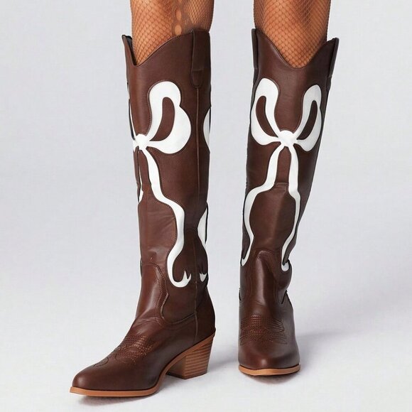 Coffee Brown Women's bow Embroidered Western heeled Boots - Picture 1 of 5